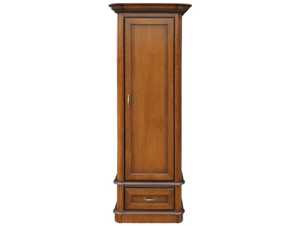 Wysoka drewniana szafa z pełnymi drzwiami, styl klasyczny