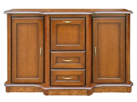 Drewniana komoda z trzema szufladami i ozdobnymi uchwytami, styl klasyczny