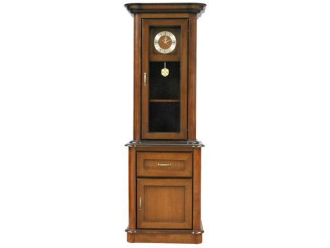 Drewniana witryna z zegarem w stylu klasycznym z przeszklonymi drzwiami