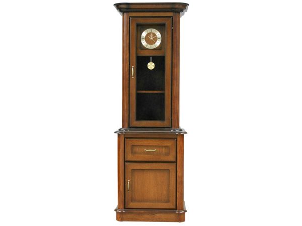Drewniana witryna z zegarem w stylu klasycznym z przeszklonymi drzwiami