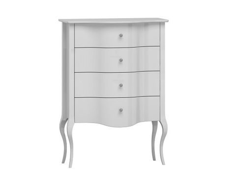 Biała komoda z trzema szufladami i dekoracyjnymi uchwytami do stylowego wnętrza