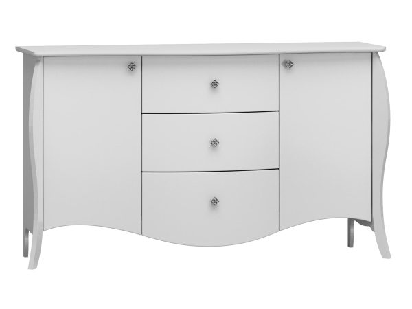 Biała komoda z dekoracyjnymi frezami i szufladami do eleganckiego wnętrza