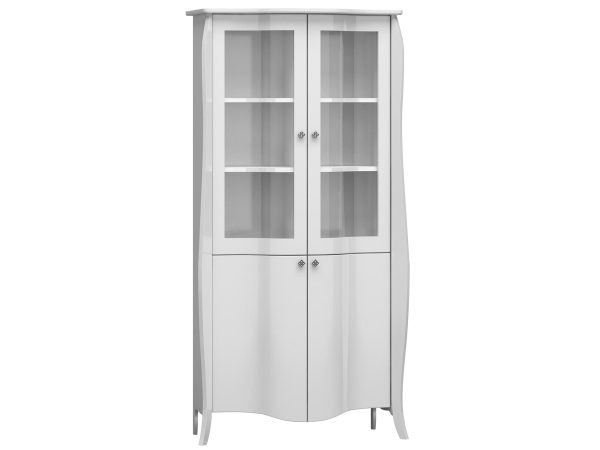 Biała witryna z przeszklonymi drzwiami i dekoracyjnymi frezami do eleganckiego salonu