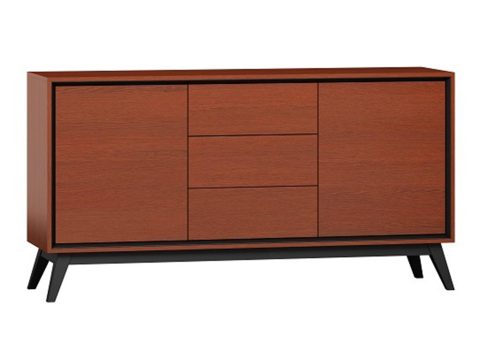 Nowoczesna komoda z drewnianymi frontami i czarnymi metalowymi nogami do stylowego wnętrza