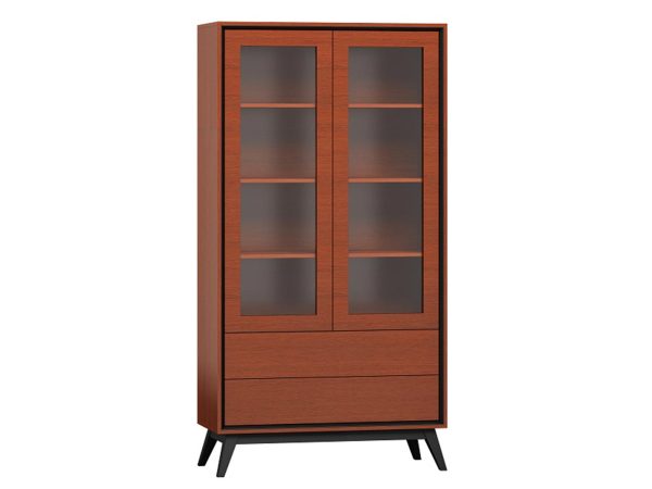 Nowoczesna witryna z przeszklonymi drzwiami, drewnianym korpusem i czarnymi metalowymi nogami do stylowego wnętrza