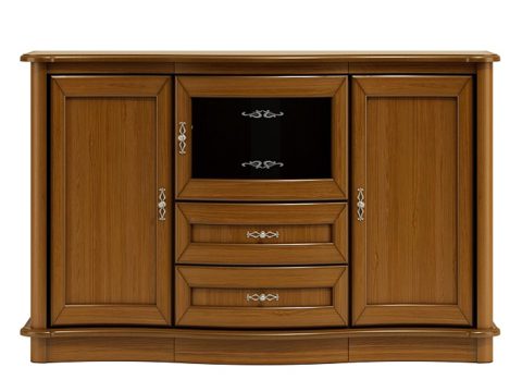 Drewniana komoda z rzeźbionymi detalami, wieloma szufladami i klasycznym wykończeniem do eleganckiego wnętrza