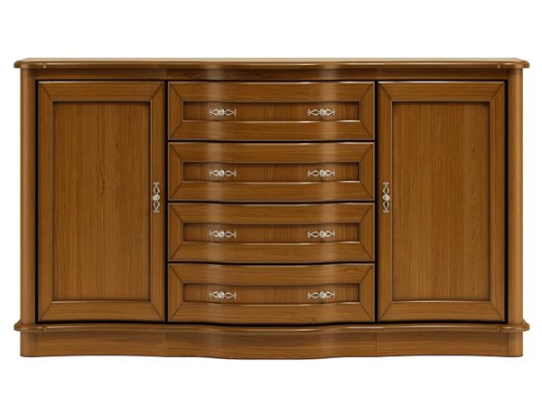 Klasyczna komoda z rzeźbionymi detalami, dekoracyjnymi uchwytami i wieloma szufladami do stylowego wnętrza