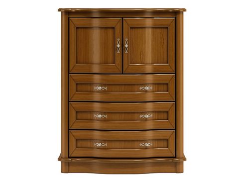 Drewniana komoda z rzeźbionymi detalami, wieloma szufladami i klasycznym wykończeniem do eleganckiego wnętrza