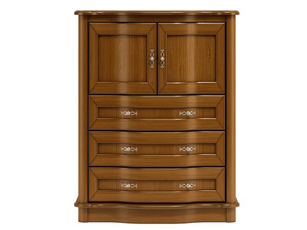 Drewniana komoda z rzeźbionymi detalami, wieloma szufladami i klasycznym wykończeniem do eleganckiego wnętrza