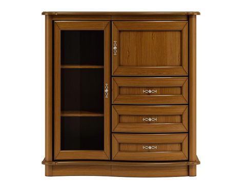 Drewniana komoda z rzeźbionymi detalami, wieloma szufladami i klasycznym wykończeniem do eleganckiego wnętrza