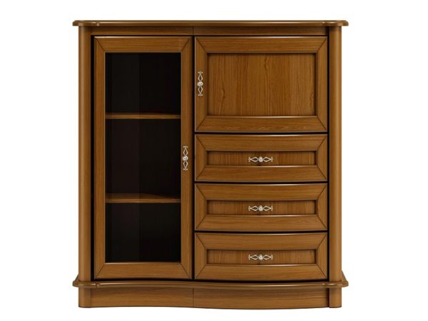 Drewniana komoda z rzeźbionymi detalami, wieloma szufladami i klasycznym wykończeniem do eleganckiego wnętrza