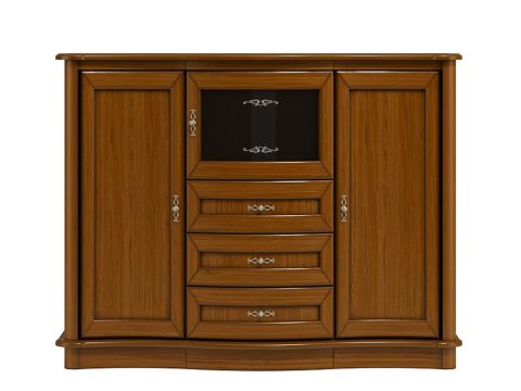 Drewniana komoda z wieloma szufladami, rzeźbionymi detalami i klasycznym wykończeniem do eleganckiego wnętrza