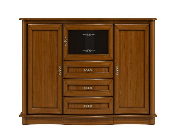 Drewniana komoda z wieloma szufladami, rzeźbionymi detalami i klasycznym wykończeniem do eleganckiego wnętrza