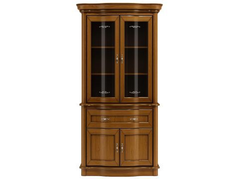 Klasyczna witryna narożna z przeszklonymi drzwiami, rzeźbionymi detalami i dekoracyjnymi uchwytami do eleganckiego wnętrza