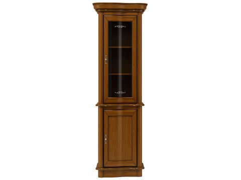 Klasyczna witryna narożna z przeszklonymi drzwiami, rzeźbionymi detalami i dekoracyjnymi uchwytami do eleganckiego wnętrza