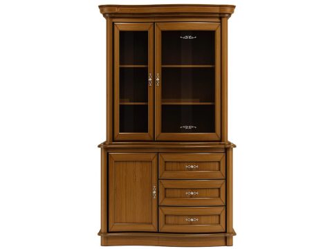 Drewniana witryna narożna z przeszklonymi drzwiami, rzeźbionymi detalami i dekoracyjnymi uchwytami do stylowego wnętrza