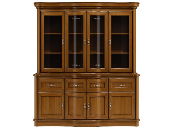 Drewniana witryna z przeszklonymi drzwiami, rzeźbionymi detalami i klasycznym wykończeniem do stylowego wnętrza