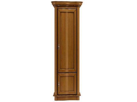 Wysoka, wąska szafa z drewnianymi frontami, rzeźbionymi detalami i dekoracyjnymi uchwytami do stylowego wnętrza