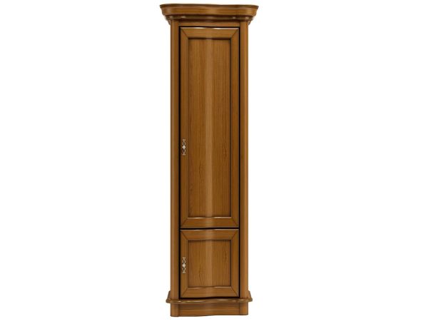 Wysoka, wąska szafa z drewnianymi frontami, rzeźbionymi detalami i dekoracyjnymi uchwytami do stylowego wnętrza