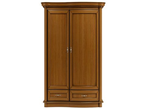 Drewniana szafa dwudrzwiowa z rzeźbionymi frontami i klasycznym wykończeniem do eleganckiego wnętrza