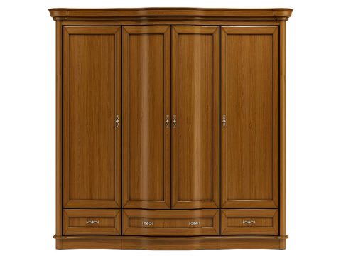 Drewniana szafa z rzeźbionymi frontami i dekoracyjnymi uchwytami do klasycznego wnętrza