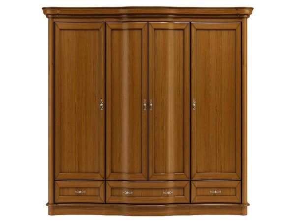 Drewniana szafa z rzeźbionymi frontami i dekoracyjnymi uchwytami do klasycznego wnętrza