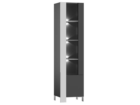 Wysoka witryna w grafitowym wykończeniu z przeszklonymi drzwiami, ledowym podświetleniem i metalowymi akcentami do stylowego salonu