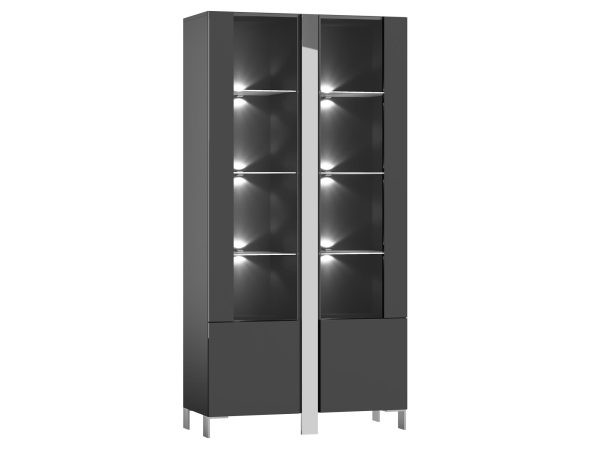 Witryna w grafitowym wykończeniu z przeszklonymi drzwiami, ledowym podświetleniem i metalowymi akcentami do nowoczesnego wnętrza