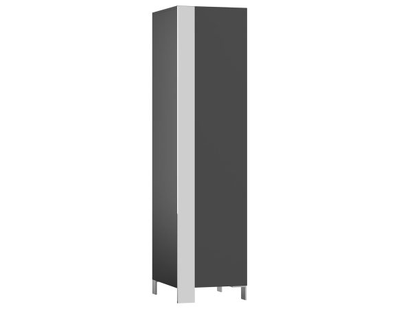 Witryna w grafitowym wykończeniu z metalowymi akcentami i przeszklonymi drzwiami do stylowego salonu