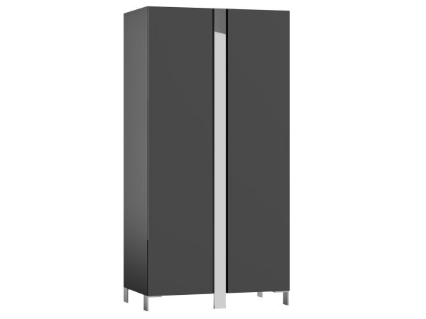 Wysoka szafa w grafitowym wykończeniu z metalowymi akcentami i prostym designem do nowoczesnego wnętrza