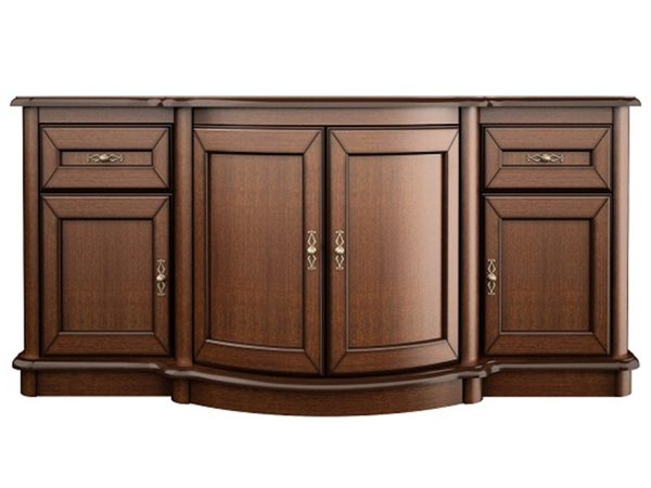 Drewniana komoda z wieloma szufladami, rzeźbionymi detalami i klasycznym wykończeniem do eleganckiego wnętrza