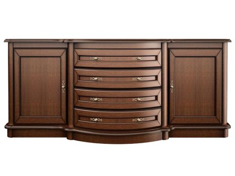 Klasyczna komoda z wieloma szufladami, rzeźbionymi detalami i dekoracyjnymi uchwytami do eleganckiego wnętrza