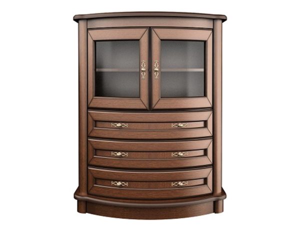 Klasyczna witryna narożna z przeszklonymi drzwiami, rzeźbionymi detalami i dekoracyjnymi uchwytami do eleganckiego wnętrza