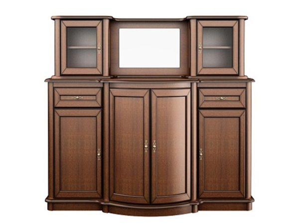 Klasyczna witryna z przeszklonymi drzwiami, rzeźbionymi detalami i dekoracyjnymi uchwytami do salonu