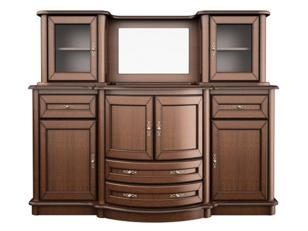 Drewniana witryna z przeszklonymi drzwiami, rzeźbionymi detalami i klasycznym wykończeniem do eleganckiego wnętrza