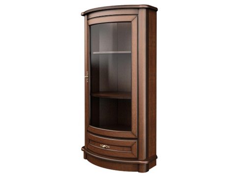 Drewniana witryna narożna z przeszklonymi drzwiami, rzeźbionymi detalami i klasycznym wykończeniem do stylowego wnętrza