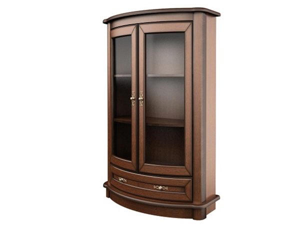 Drewniana witryna narożna z przeszklonymi drzwiami, rzeźbionymi detalami i klasycznym wykończeniem do eleganckiego wnętrza