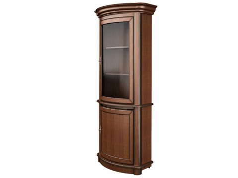 Drewniana witryna narożna z rzeźbionymi detalami i klasycznym wykończeniem do eleganckiego salonu