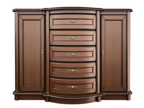 Klasyczna komoda z wieloma szufladami, rzeźbionymi detalami i dekoracyjnymi uchwytami do stylowego wnętrza