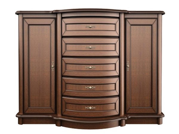 Klasyczna komoda z wieloma szufladami, rzeźbionymi detalami i dekoracyjnymi uchwytami do stylowego wnętrza