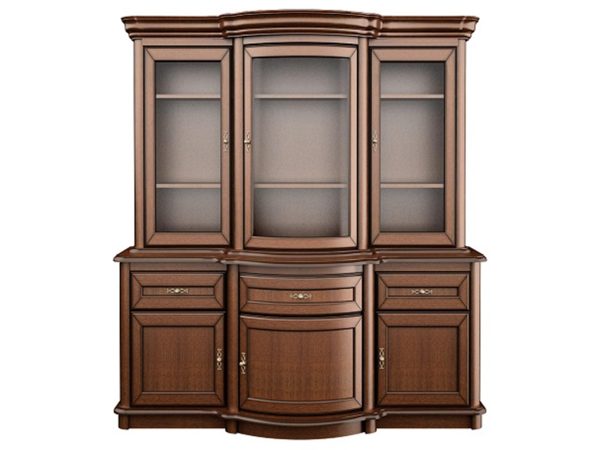 Klasyczny kredens z przeszklonymi drzwiami, rzeźbionymi detalami i dekoracyjnymi uchwytami do salonu