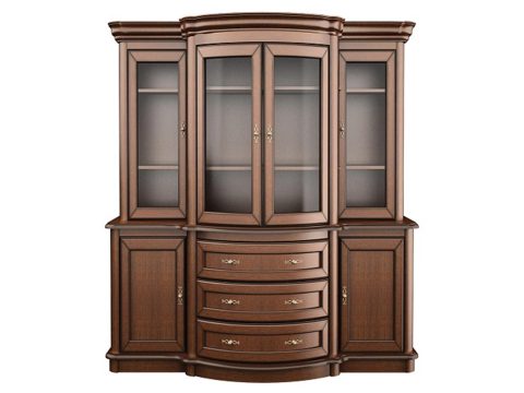 Drewniany kredens z przeszklonymi drzwiami i rzeźbionymi detalami w stylu retro do eleganckiego wnętrza