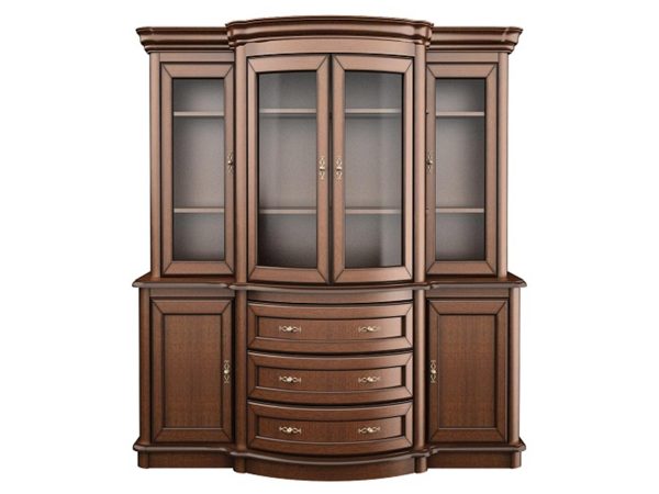 Drewniany kredens z przeszklonymi drzwiami i rzeźbionymi detalami w stylu retro do eleganckiego wnętrza