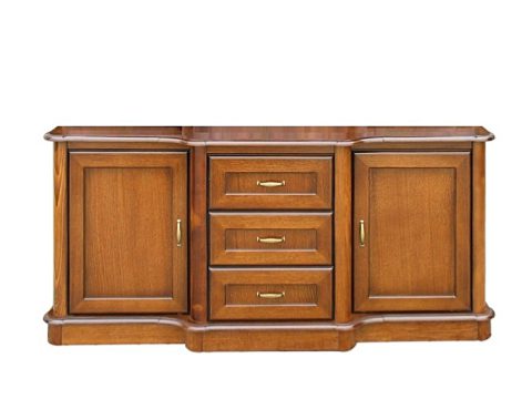 Drewniana komoda z trzema szufladami i ozdobnymi uchwytami, styl klasyczny