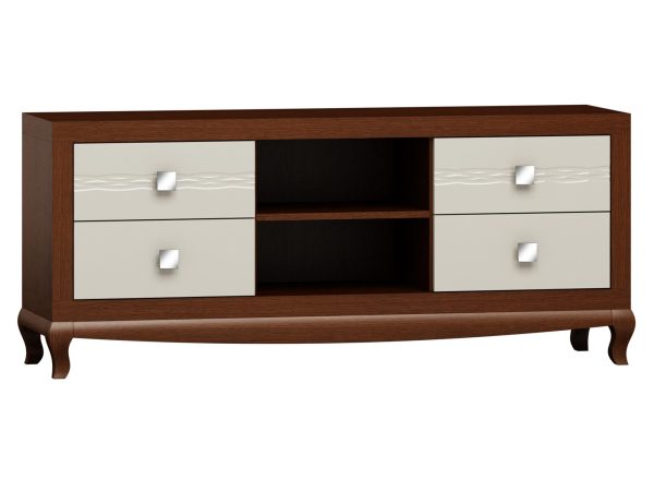 Klasyczna szafka RTV z drewnianymi frontami, rzeźbionymi nogami i dekoracyjnymi uchwytami do salonu