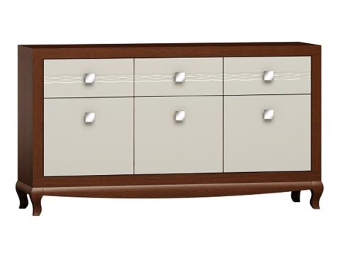 Drewniana komoda z rzeźbionymi nogami i dekoracyjnymi uchwytami w stylu vintage do eleganckiego wnętrza