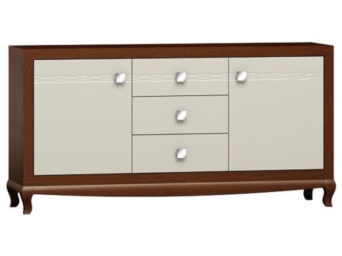 Klasyczna komoda z drewnianymi frontami, rzeźbionymi nogami i dekoracyjnymi uchwytami do stylowego wnętrza