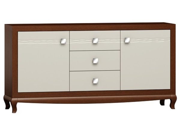 Klasyczna komoda z drewnianymi frontami, rzeźbionymi nogami i dekoracyjnymi uchwytami do stylowego wnętrza