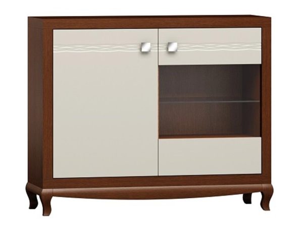 Drewniana witryna z przeszklonymi drzwiami i rzeźbionymi nogami w stylu retro do eleganckiego salonu