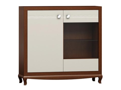 Komoda z drewnianymi frontami, rzeźbionymi nogami i klasycznymi uchwytami w stylu vintage do eleganckiego wnętrza